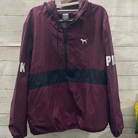 PINK Victoria's Secret Jackets & Blazers - VS PINK Maroon Windbreaker 1/2 Zip Jacket with Hood & Pockets
